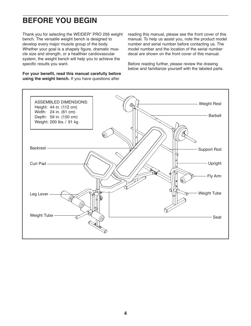 Before you begin | Weider Pro 256 831.15791.1 User Manual | Page 4 / 16