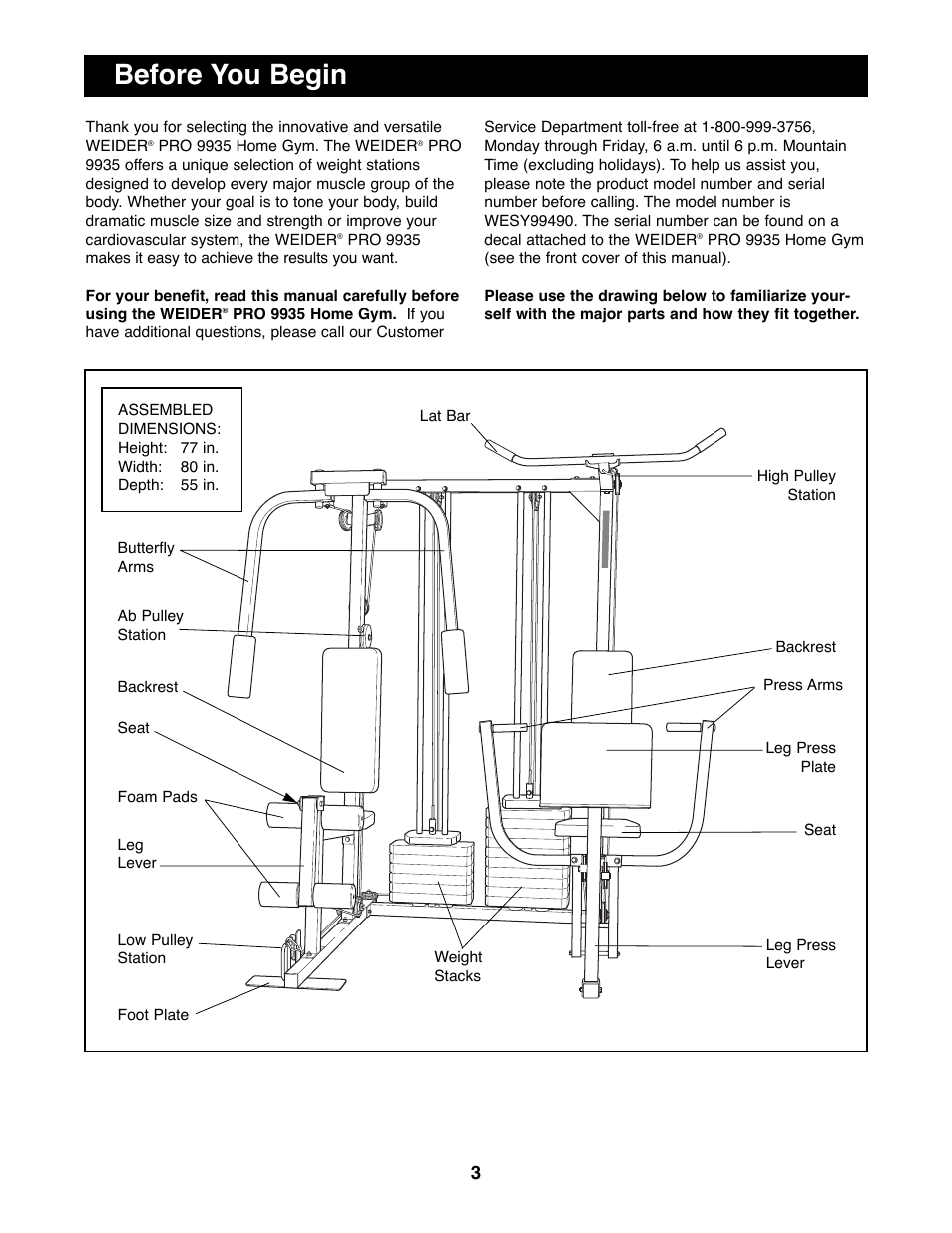 Before you begin | Weider WESY99490 User Manual | Page 3 / 33