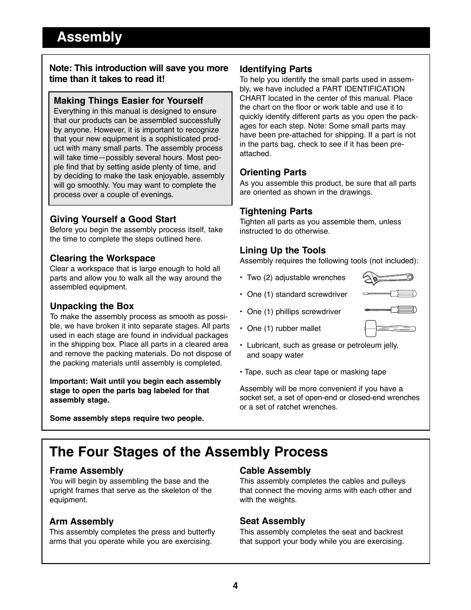 Assembly, The four stages of the assembly process | Weider WESY99490 User Manual | Page 4 / 33