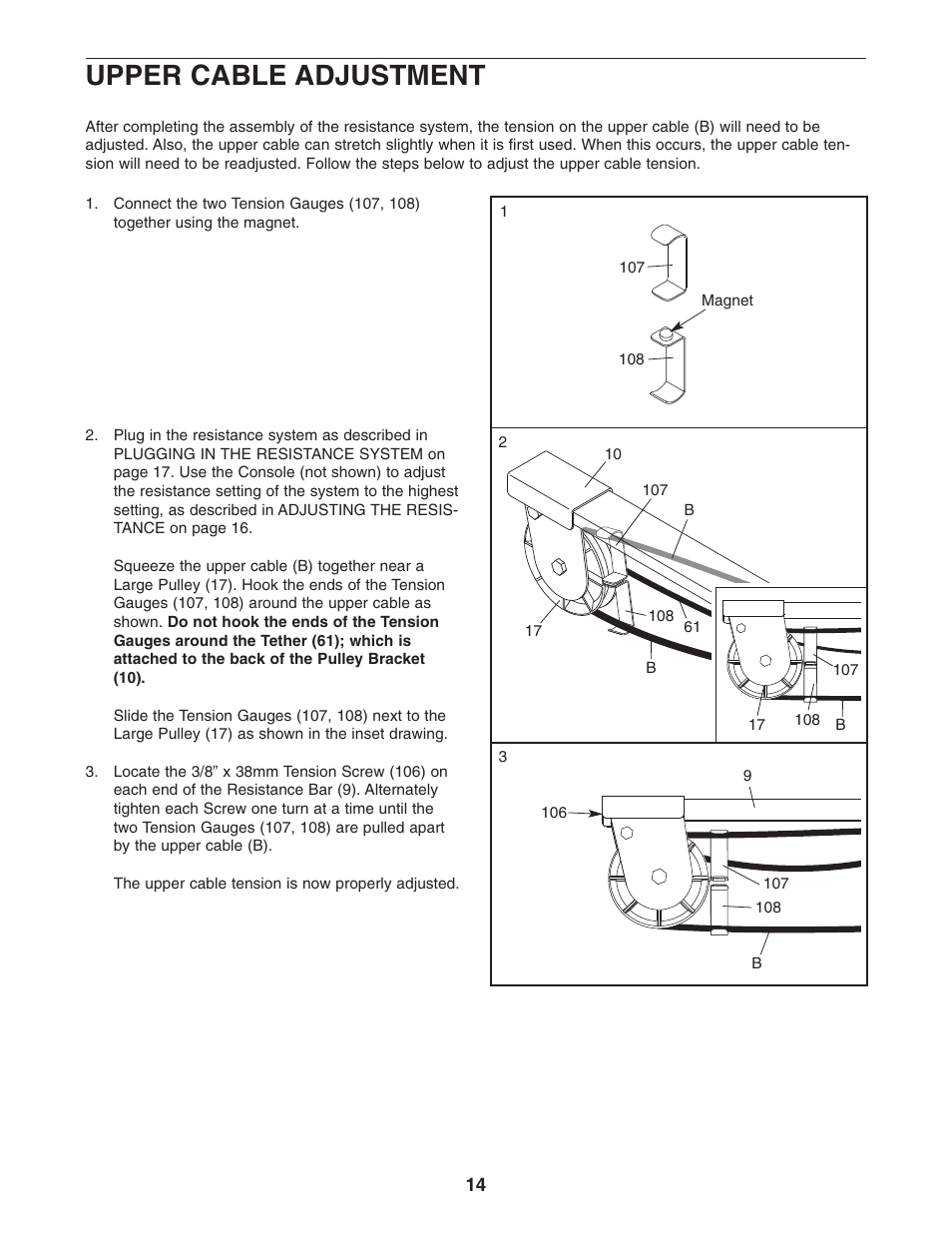 Upper cable adjustment | Weider WESY68630 User Manual | Page 14 / 27