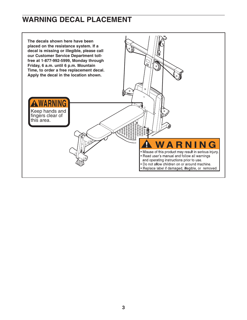 Warning decal placement | Weider WESY68630 User Manual | Page 3 / 27