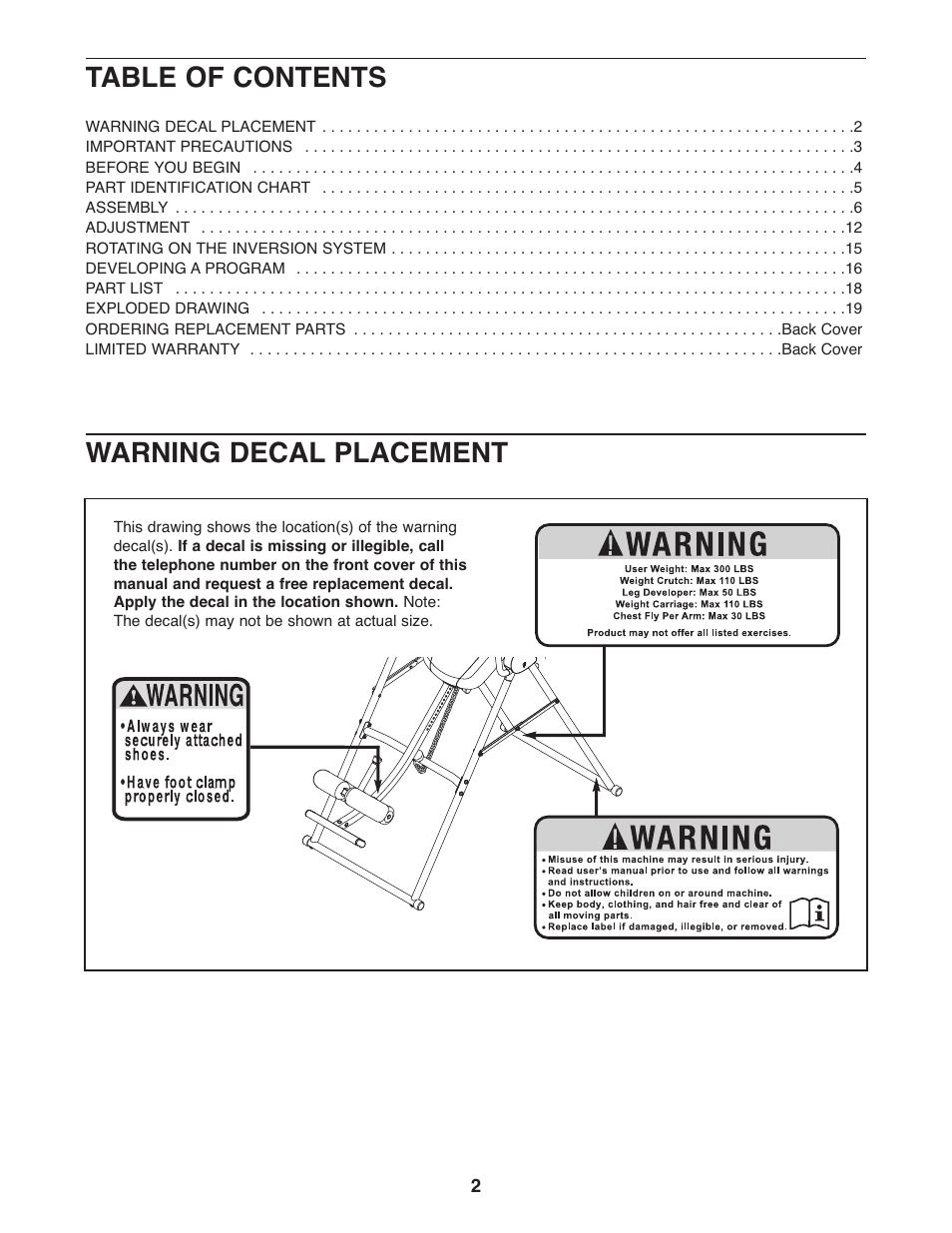 Table of contents warning decal placement | Weider WEBE0878.0 User Manual | Page 2 / 20