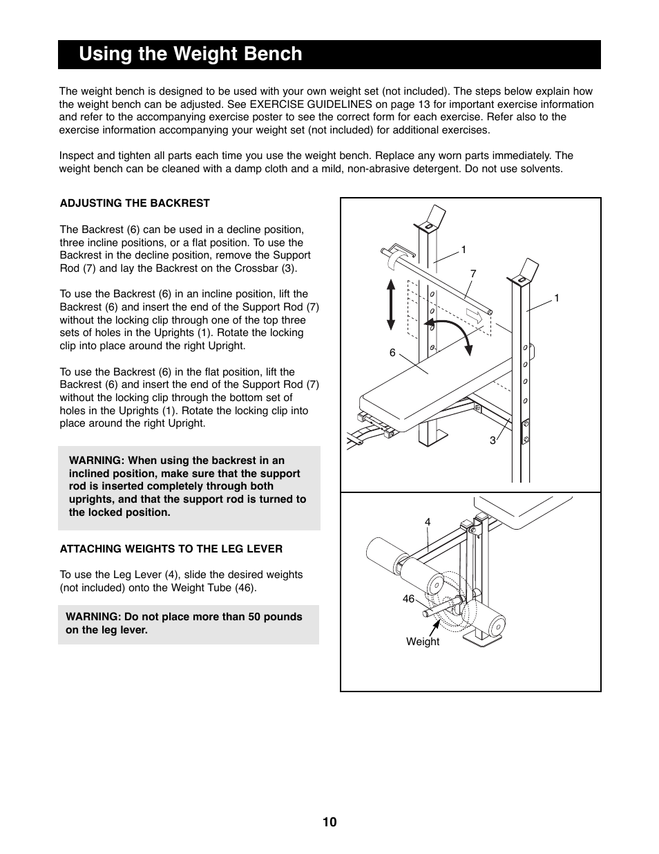 Using the weight bench | Weider 831.150730 User Manual | Page 10 / 20