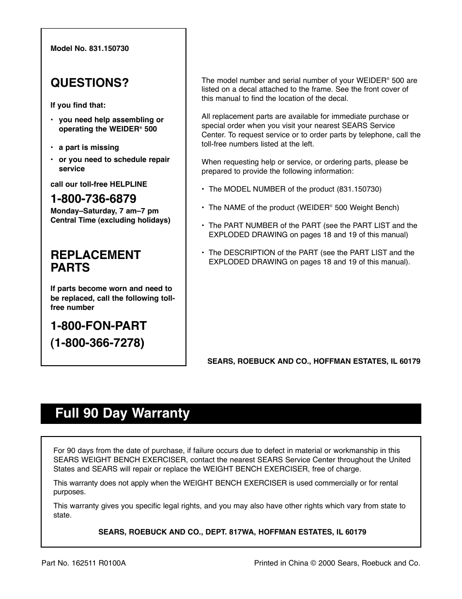 Full 90 day warranty, Questions, Replacement parts | Weider 831.150730 User Manual | Page 20 / 20