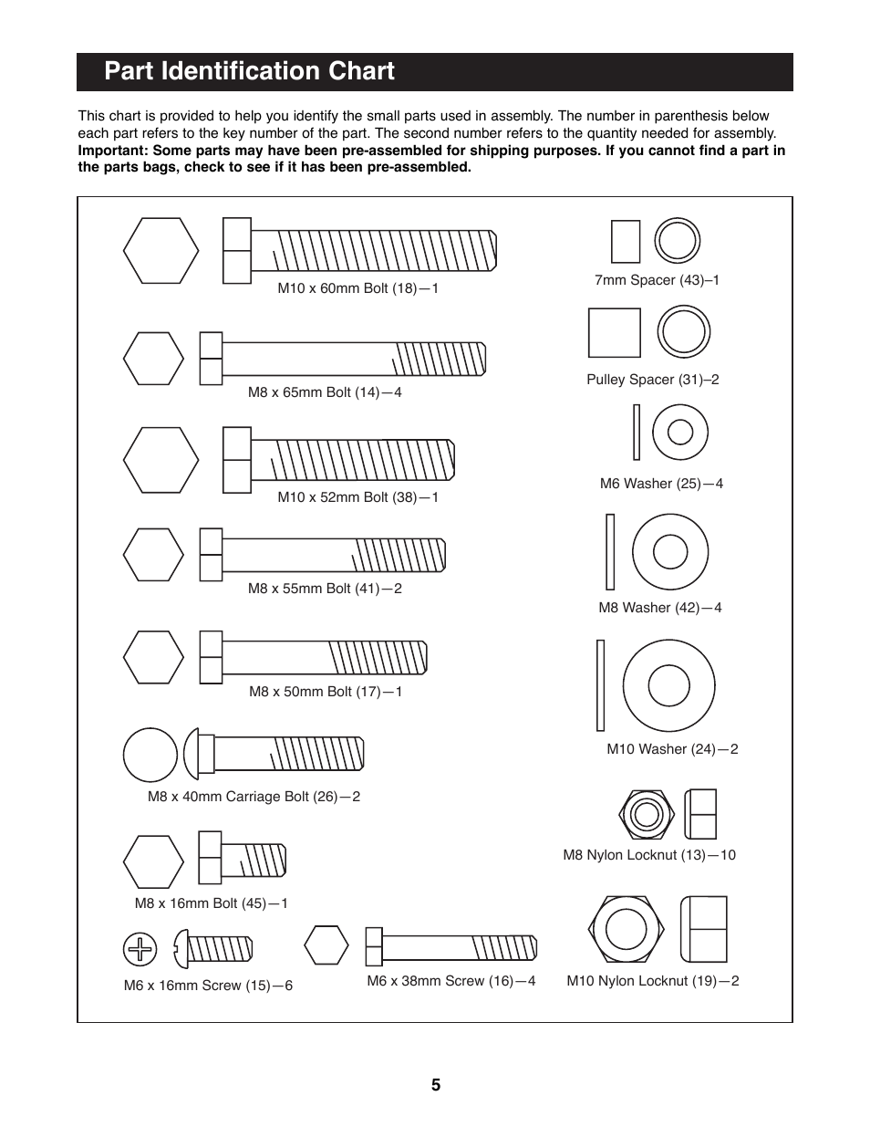 Part identification chart | Weider 831.150730 User Manual | Page 5 / 20