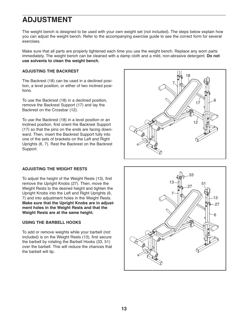 Adjustment | Weider 240 TC User Manual | Page 13 / 20