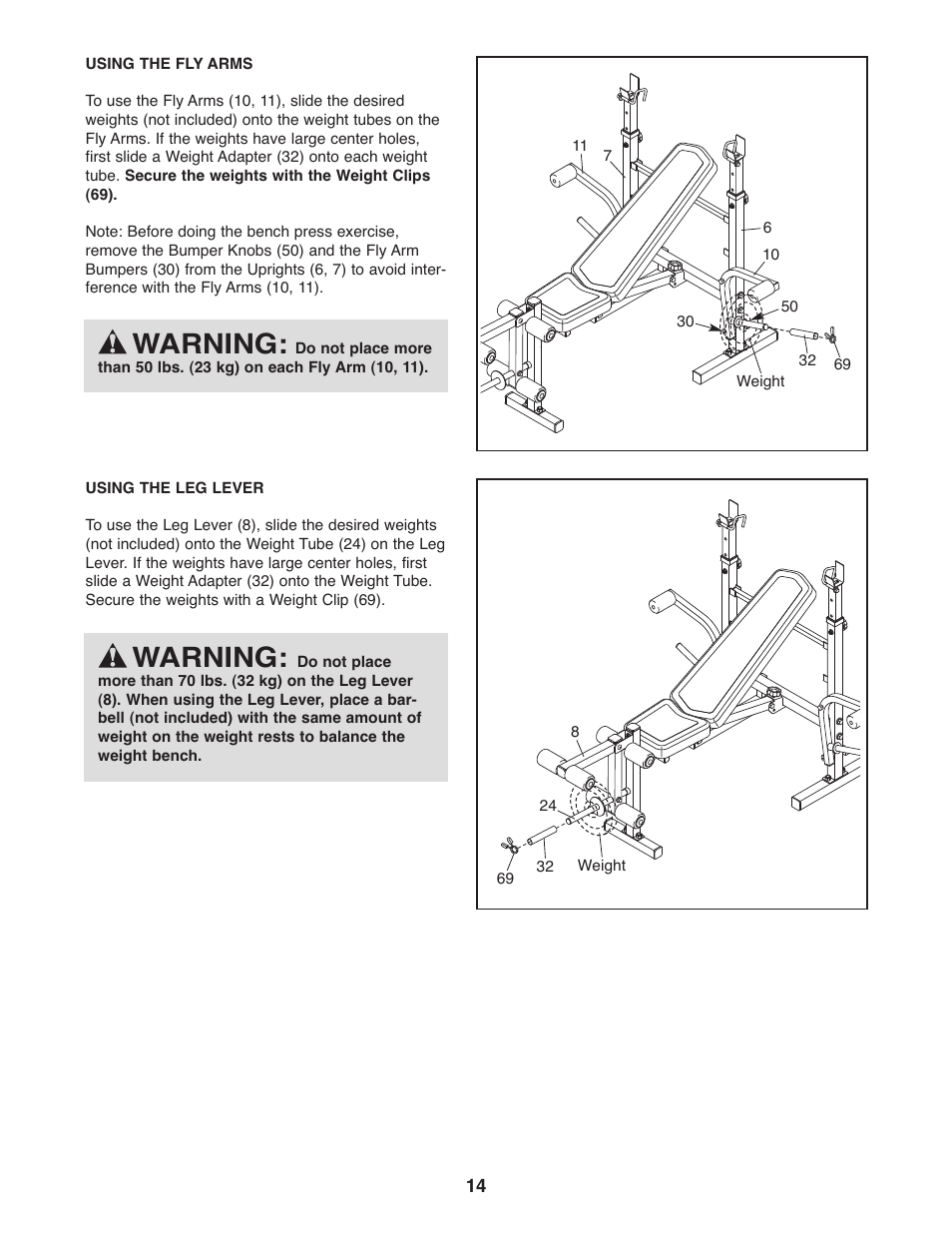 Warning | Weider 240 TC User Manual | Page 14 / 20