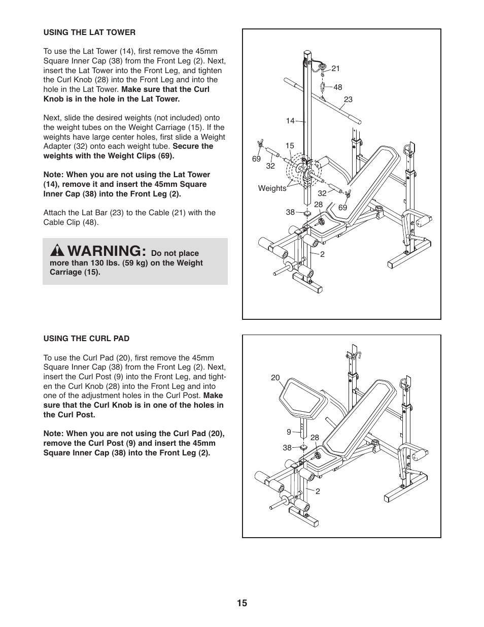 Warning | Weider 240 TC User Manual | Page 15 / 20