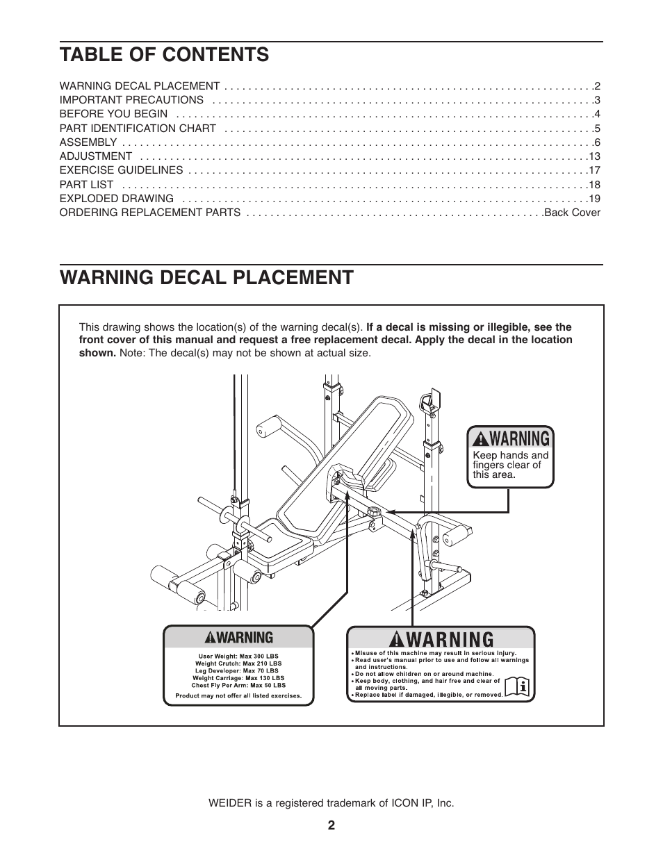 Weider 240 TC User Manual | Page 2 / 20