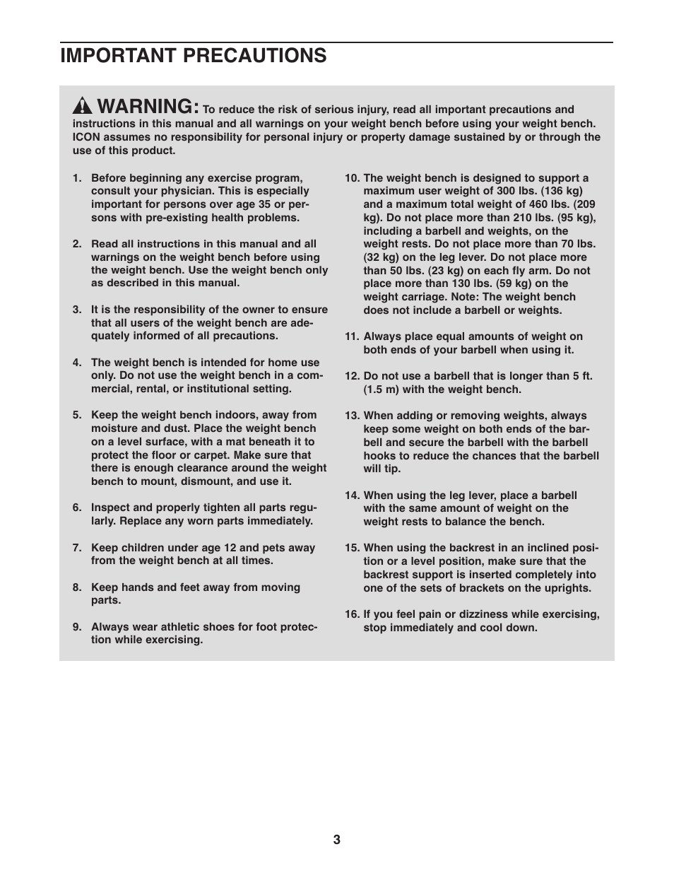 Warning, Important precautions | Weider 240 TC User Manual | Page 3 / 20