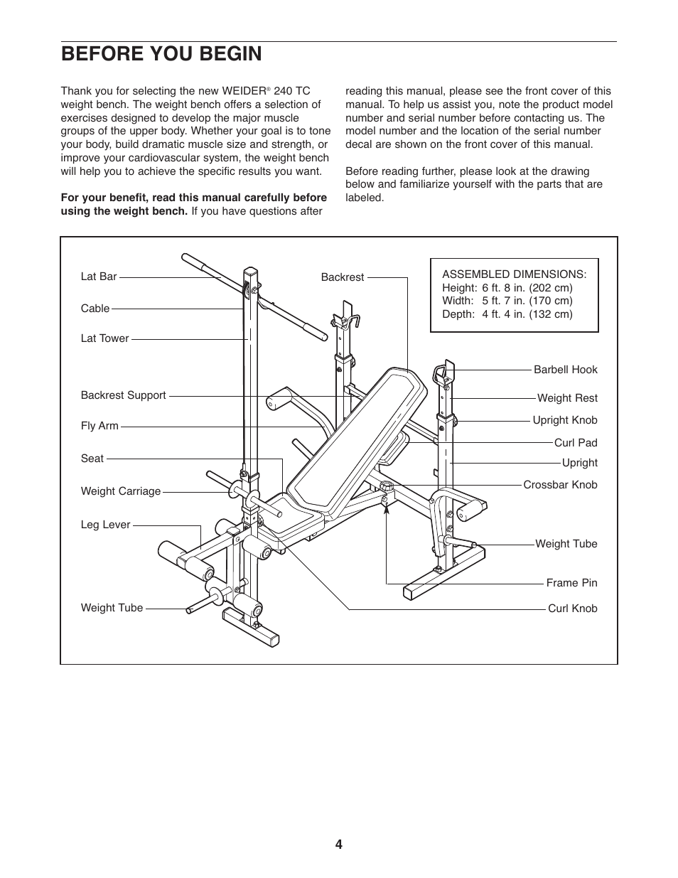 Before you begin | Weider 240 TC User Manual | Page 4 / 20