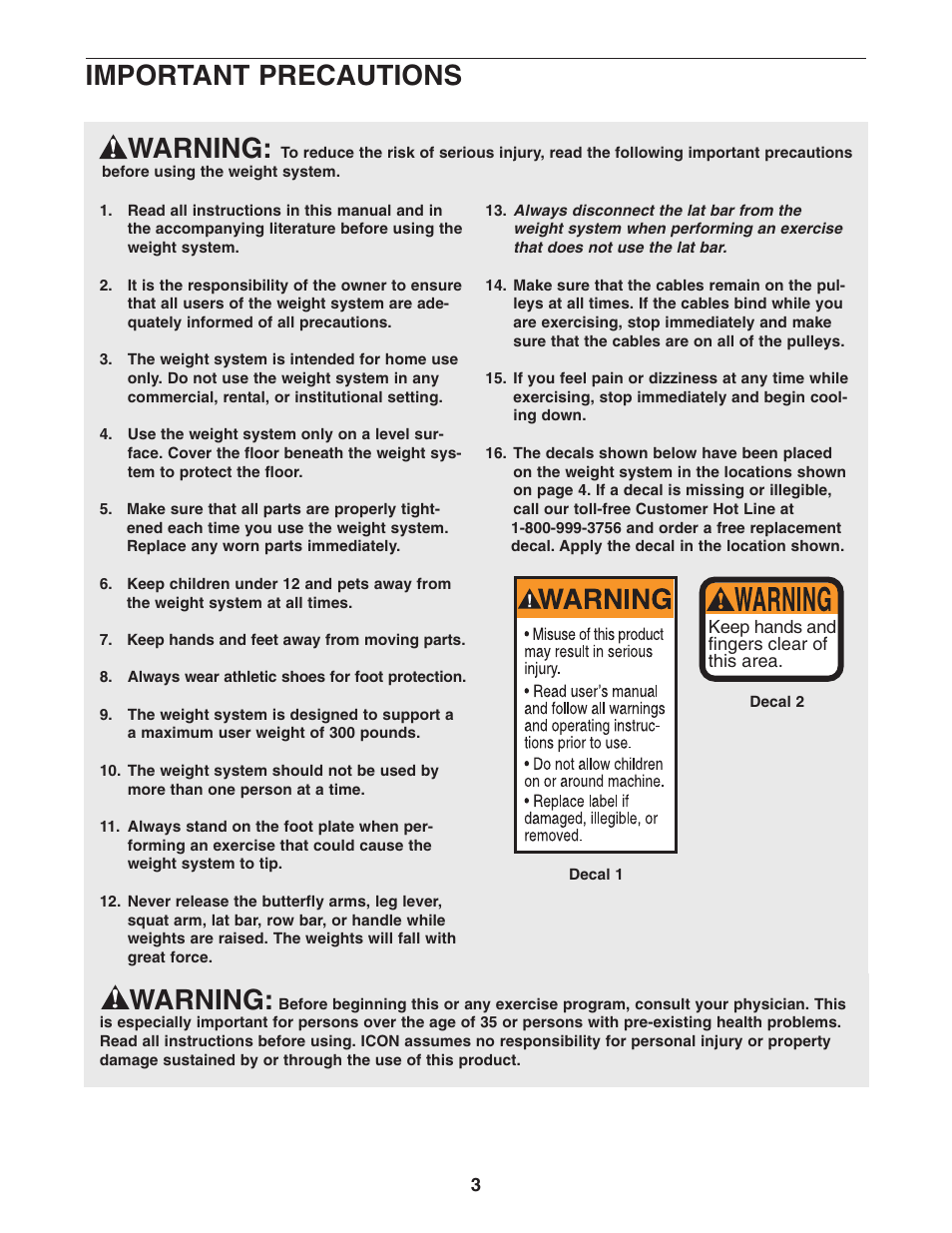 Important precautions, Warning | Weider WESY38322 User Manual | Page 3 / 33