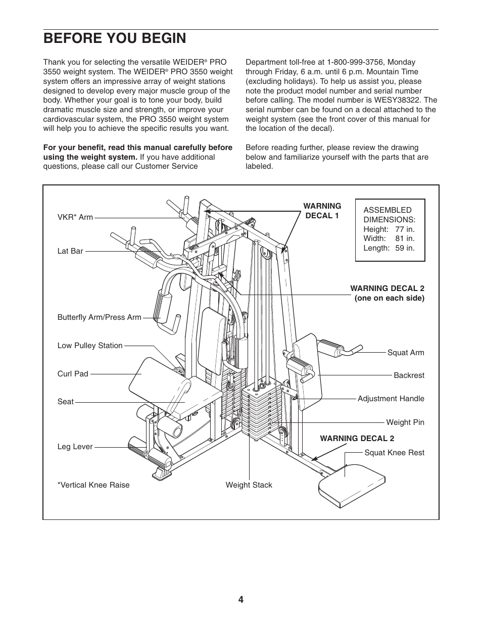 Before you begin | Weider WESY38322 User Manual | Page 4 / 33