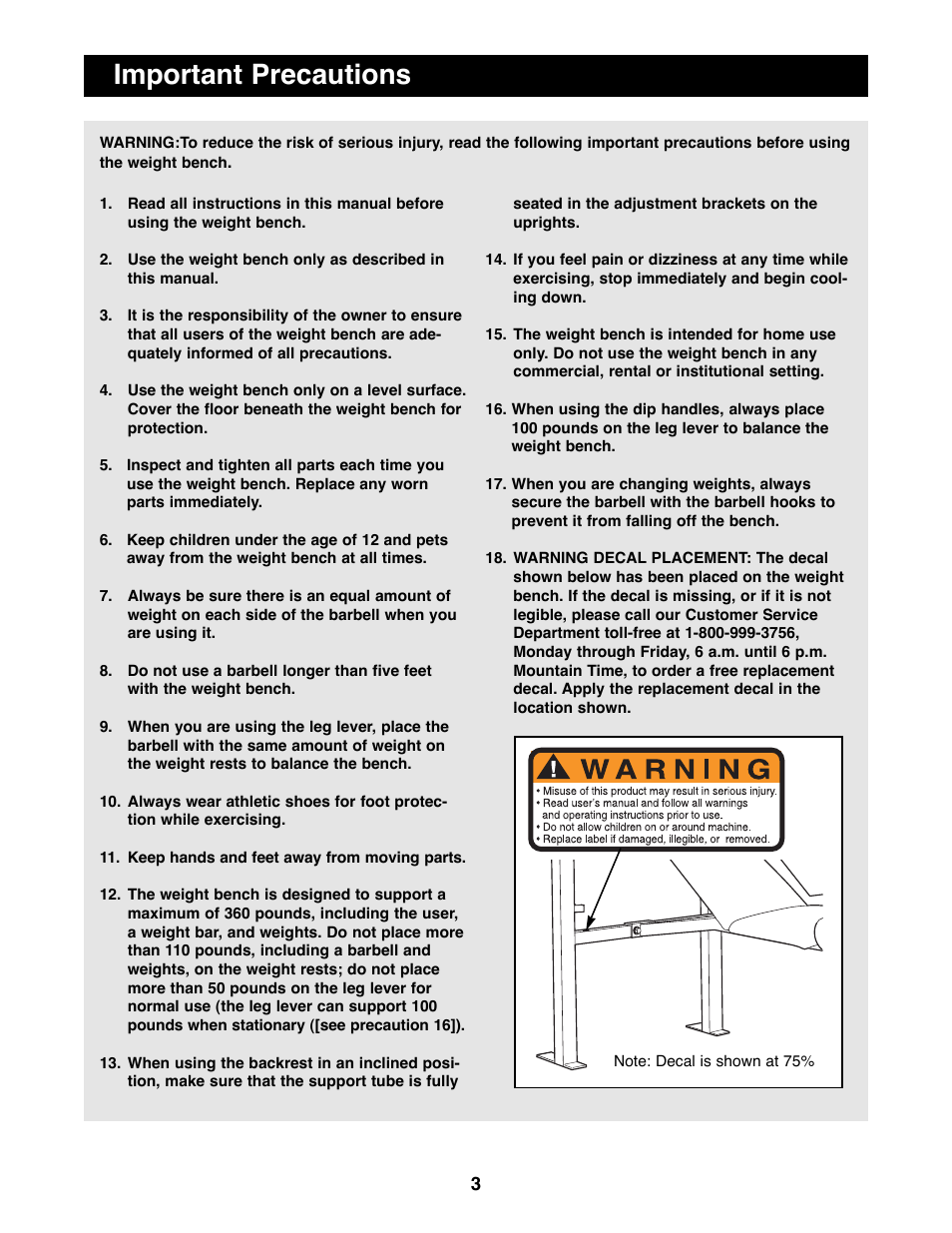 Important precautions | Weider WEBE38890 User Manual | Page 3 / 16
