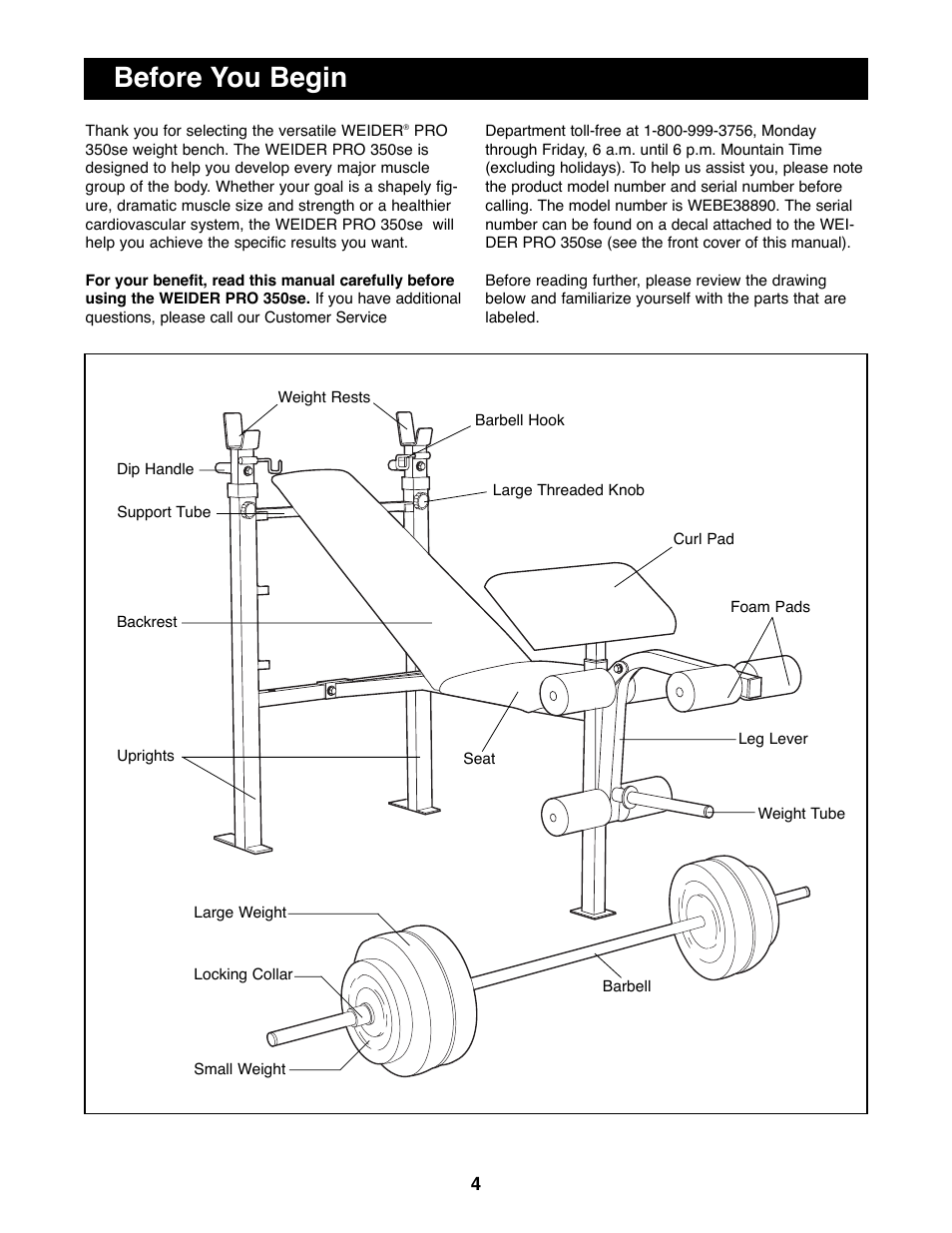 Before you begin | Weider WEBE38890 User Manual | Page 4 / 16