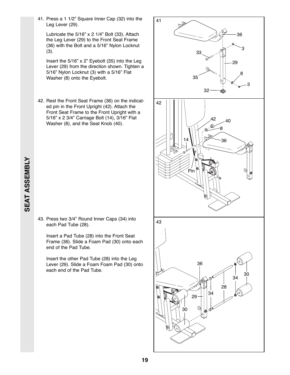 Sea t assembl y | Weider WESY39200 User Manual | Page 19 / 33