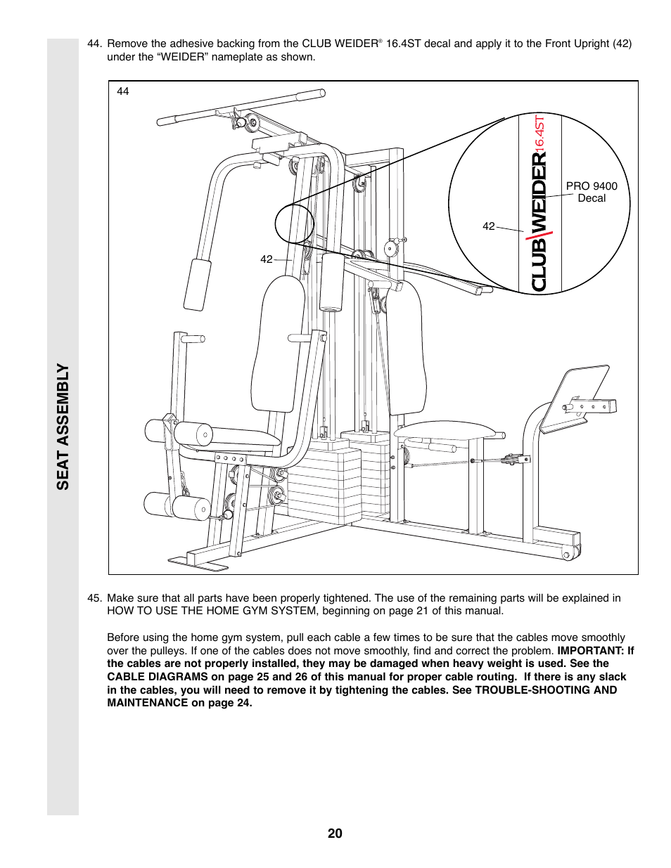Sea t assembl y | Weider WESY39200 User Manual | Page 20 / 33