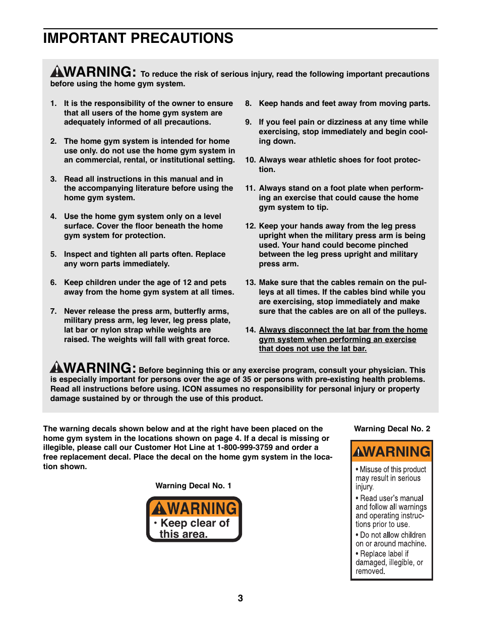 Warning, Important precautions warning, Keep clear of this area | Weider WESY39200 User Manual | Page 3 / 33