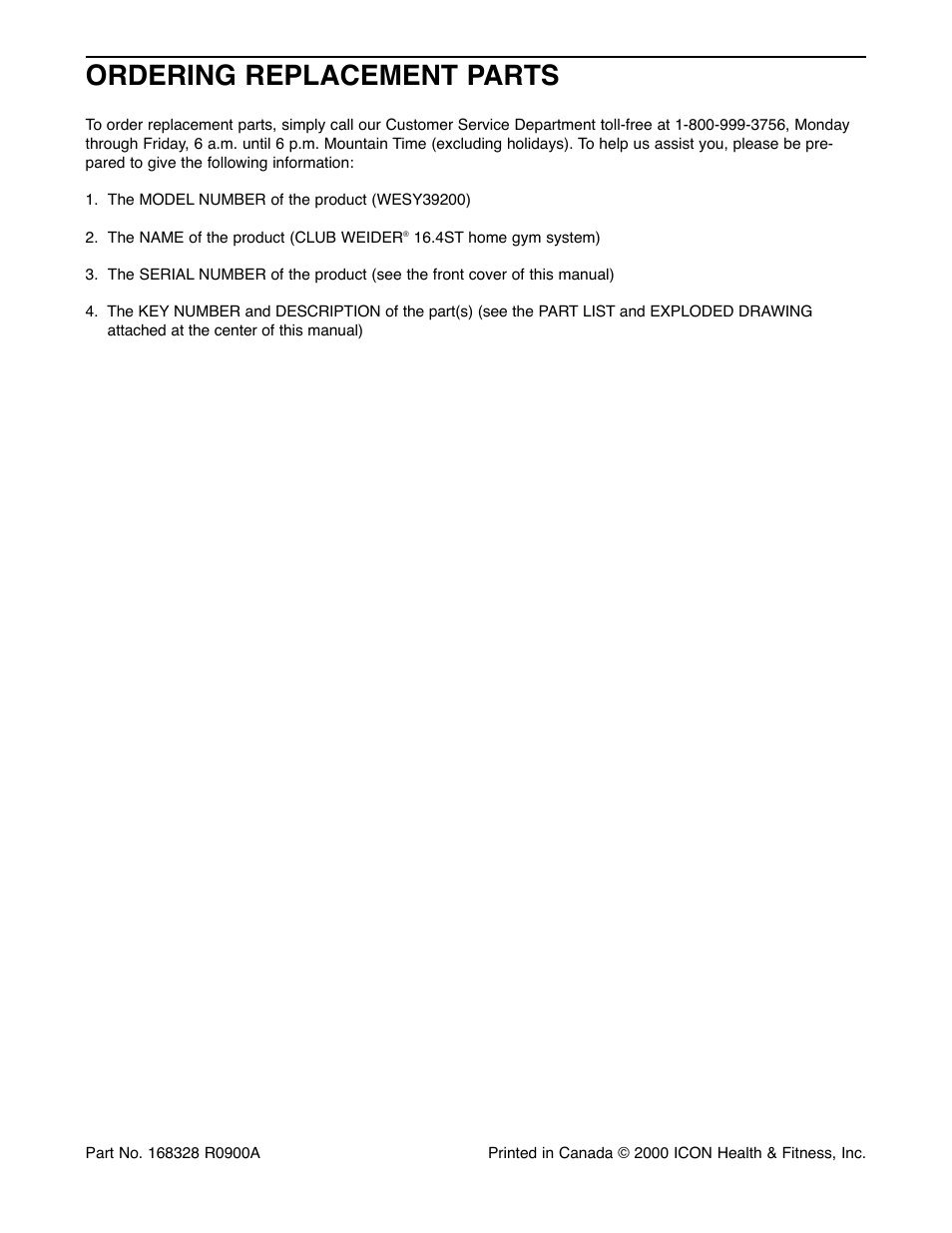 Ordering replacement parts | Weider WESY39200 User Manual | Page 33 / 33