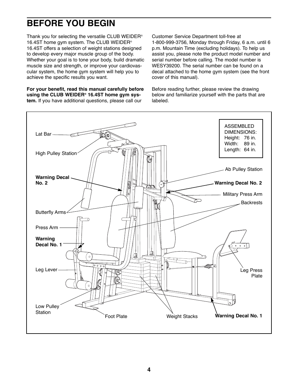 Before you begin | Weider WESY39200 User Manual | Page 4 / 33