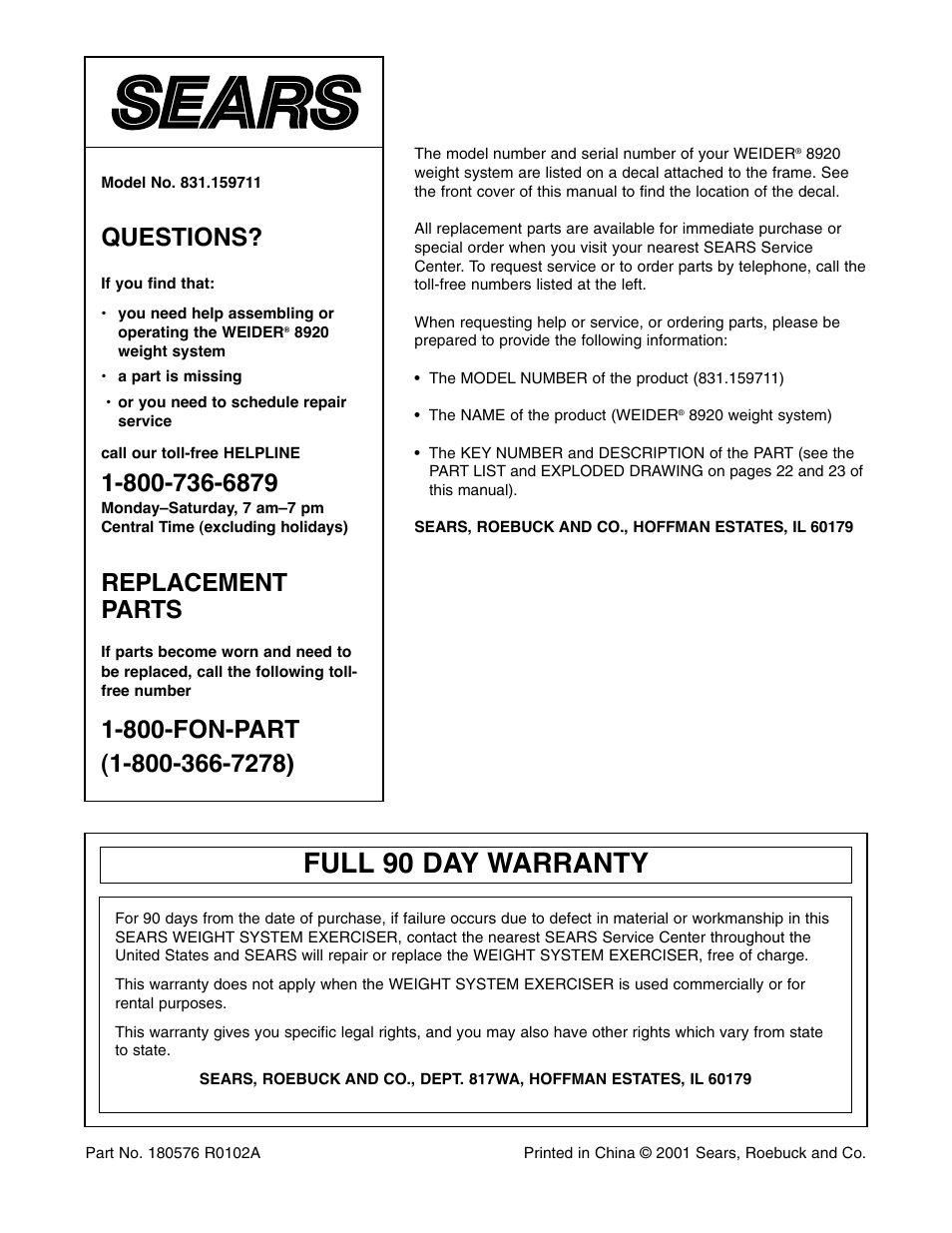 Full 90 day warranty, Questions, Replacement parts | Weider 8920 User Manual | Page 27 / 27