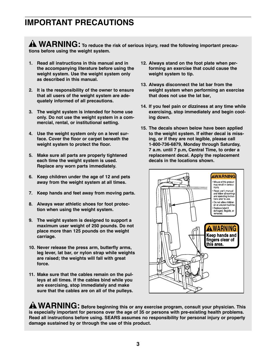Warning, Important precautions | Weider 8920 User Manual | Page 3 / 27