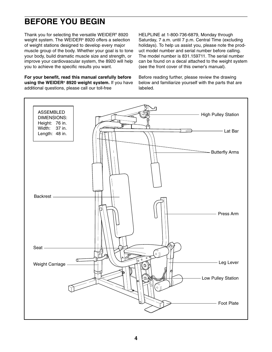 Before you begin | Weider 8920 User Manual | Page 4 / 27