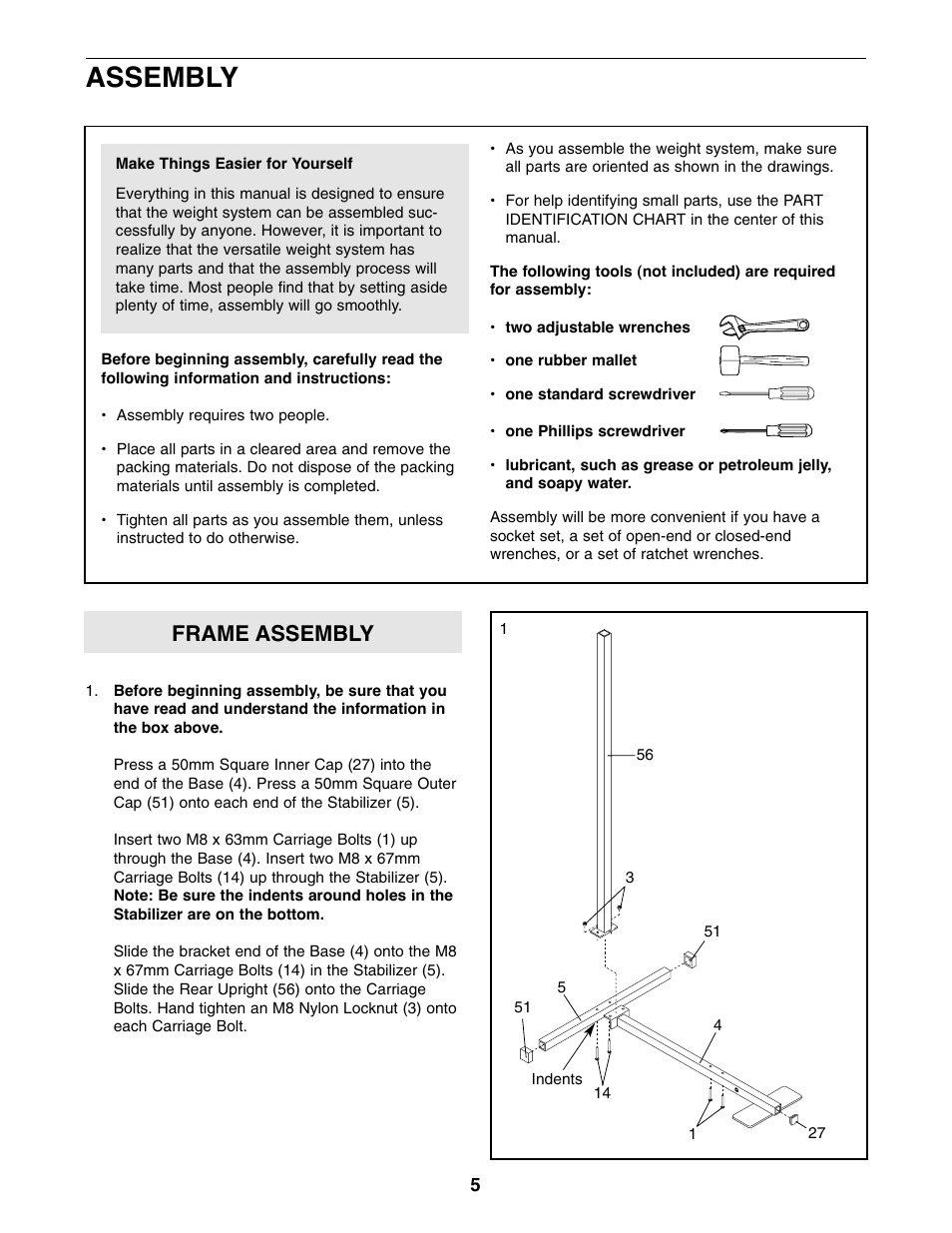 Assembly, Frame assembly | Weider 8920 User Manual | Page 5 / 27