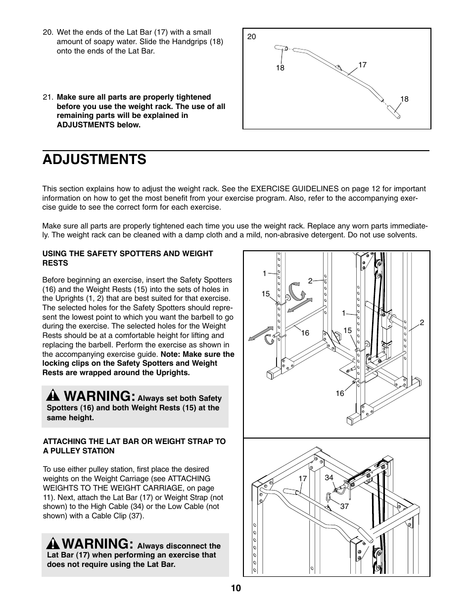 Adjustments, Warning | Weider WEBE19710 User Manual | Page 10 / 16