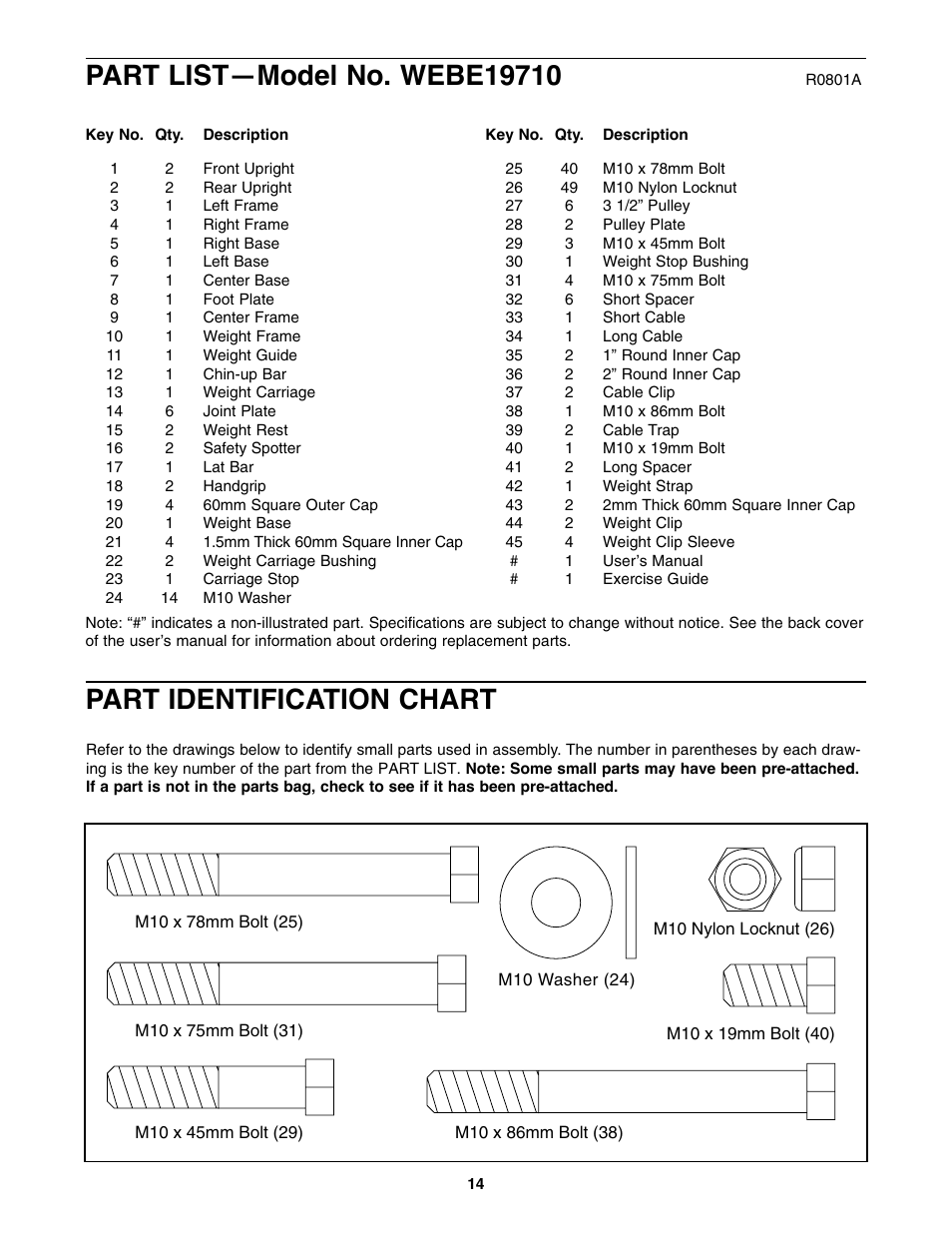 Part identification chart | Weider WEBE19710 User Manual | Page 14 / 16