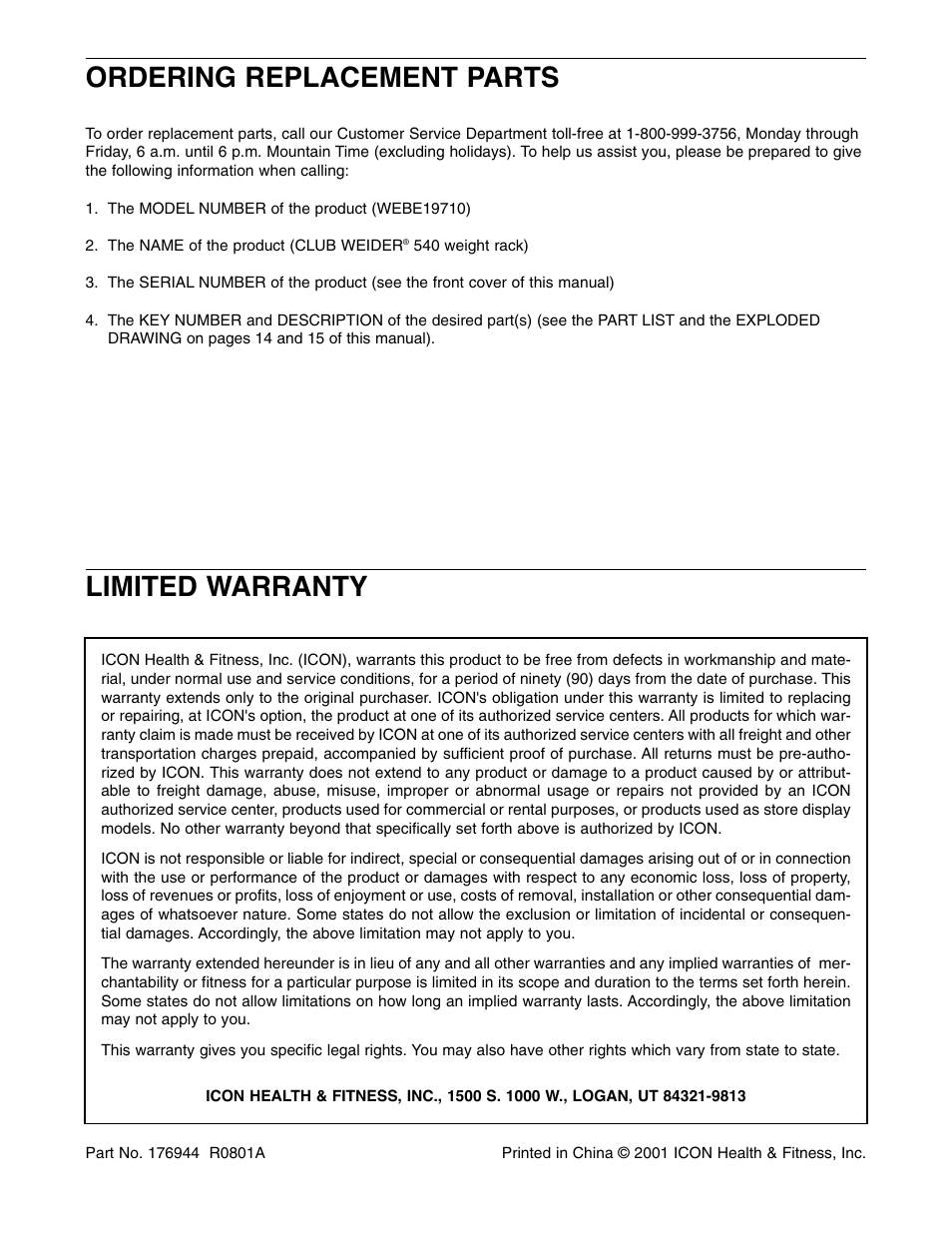 Limited warranty, Ordering replacement parts | Weider WEBE19710 User Manual | Page 16 / 16