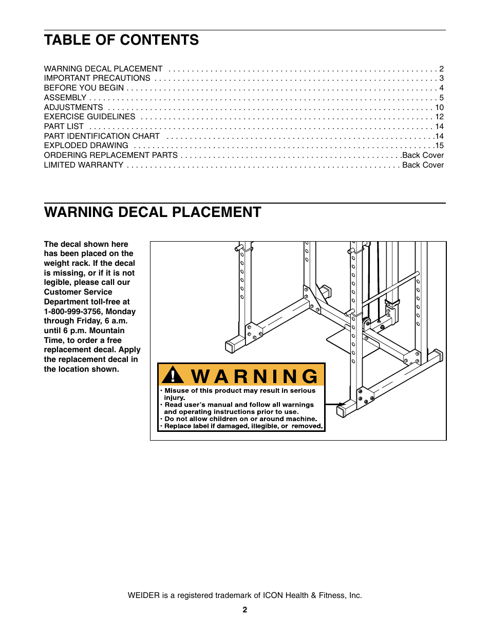 Weider WEBE19710 User Manual | Page 2 / 16