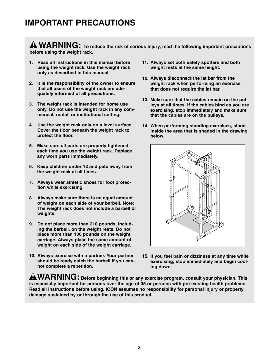 Important precautions, Warning | Weider WEBE19710 User Manual | Page 3 / 16