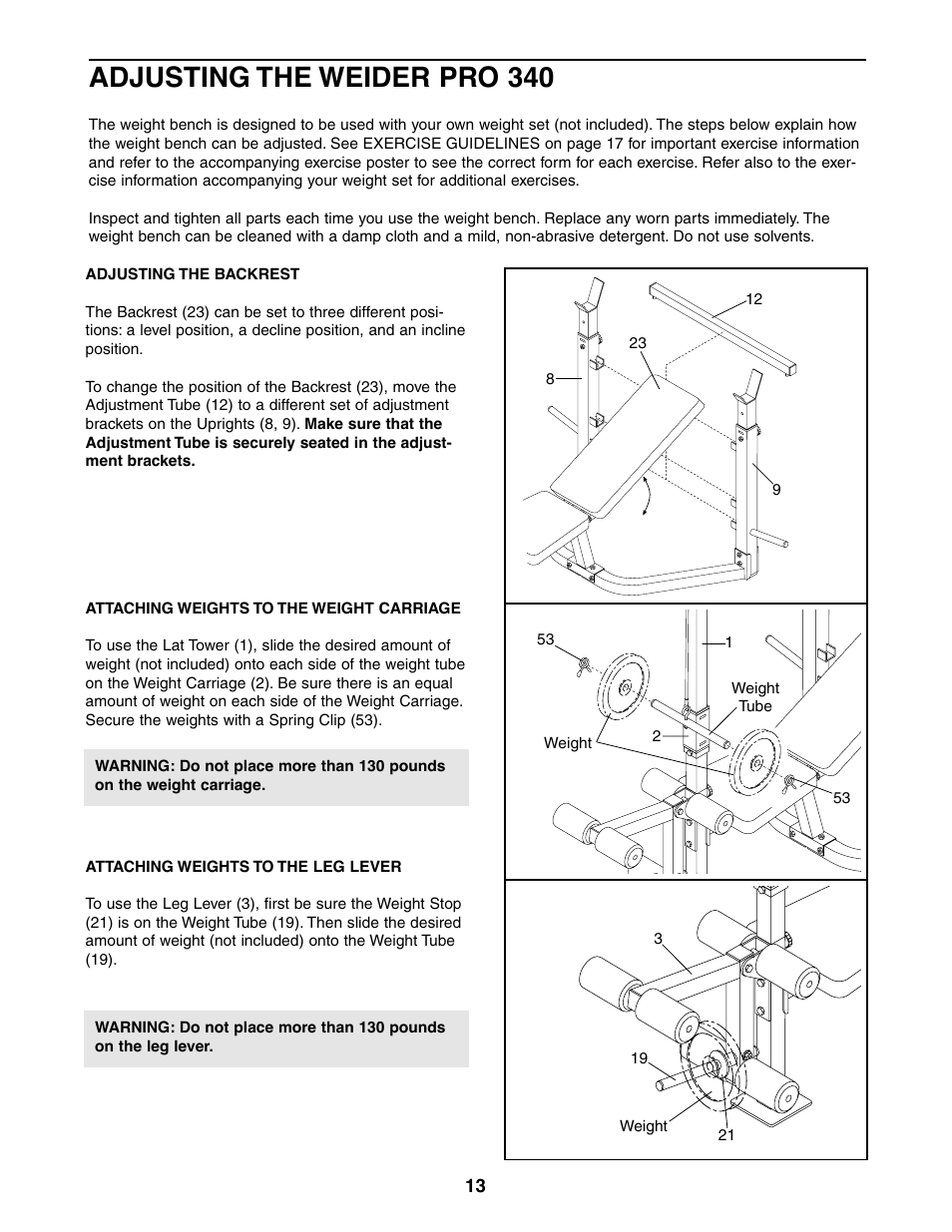 Adjusting the weider pro 340 | Weider 831.150381 User Manual | Page 13 / 24