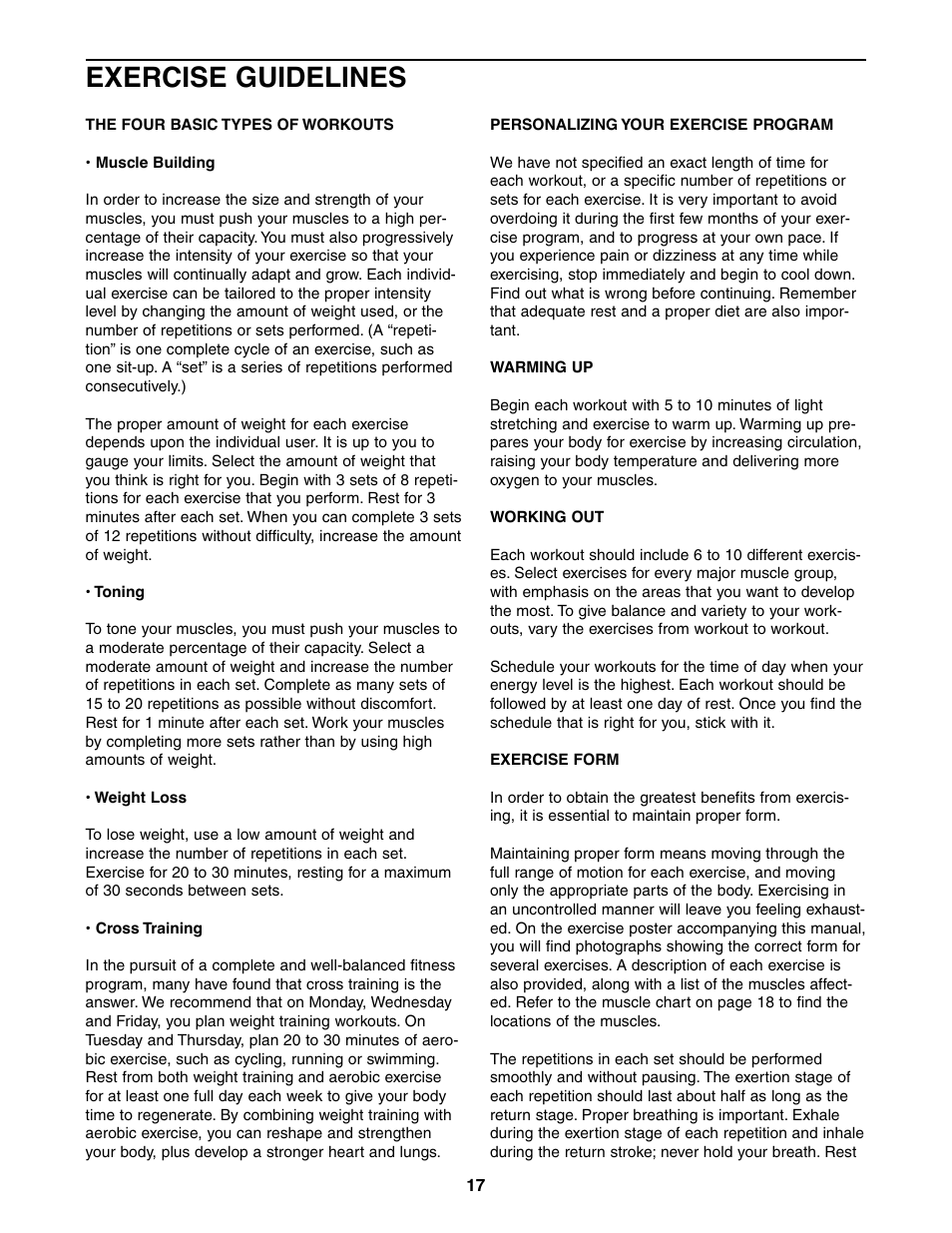 Exercise guidelines | Weider 831.150381 User Manual | Page 17 / 24