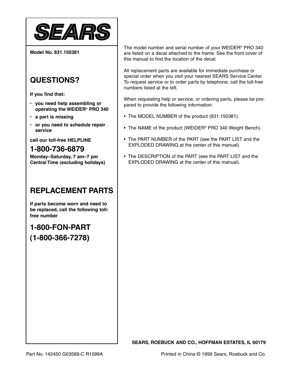 Questions, Replacement parts | Weider 831.150381 User Manual | Page 24 / 24