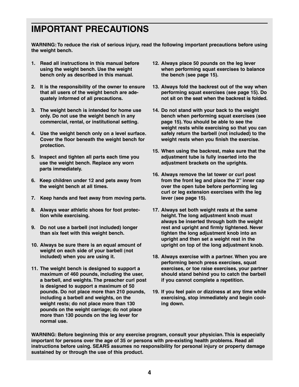 Important precautions | Weider 831.150381 User Manual | Page 4 / 24