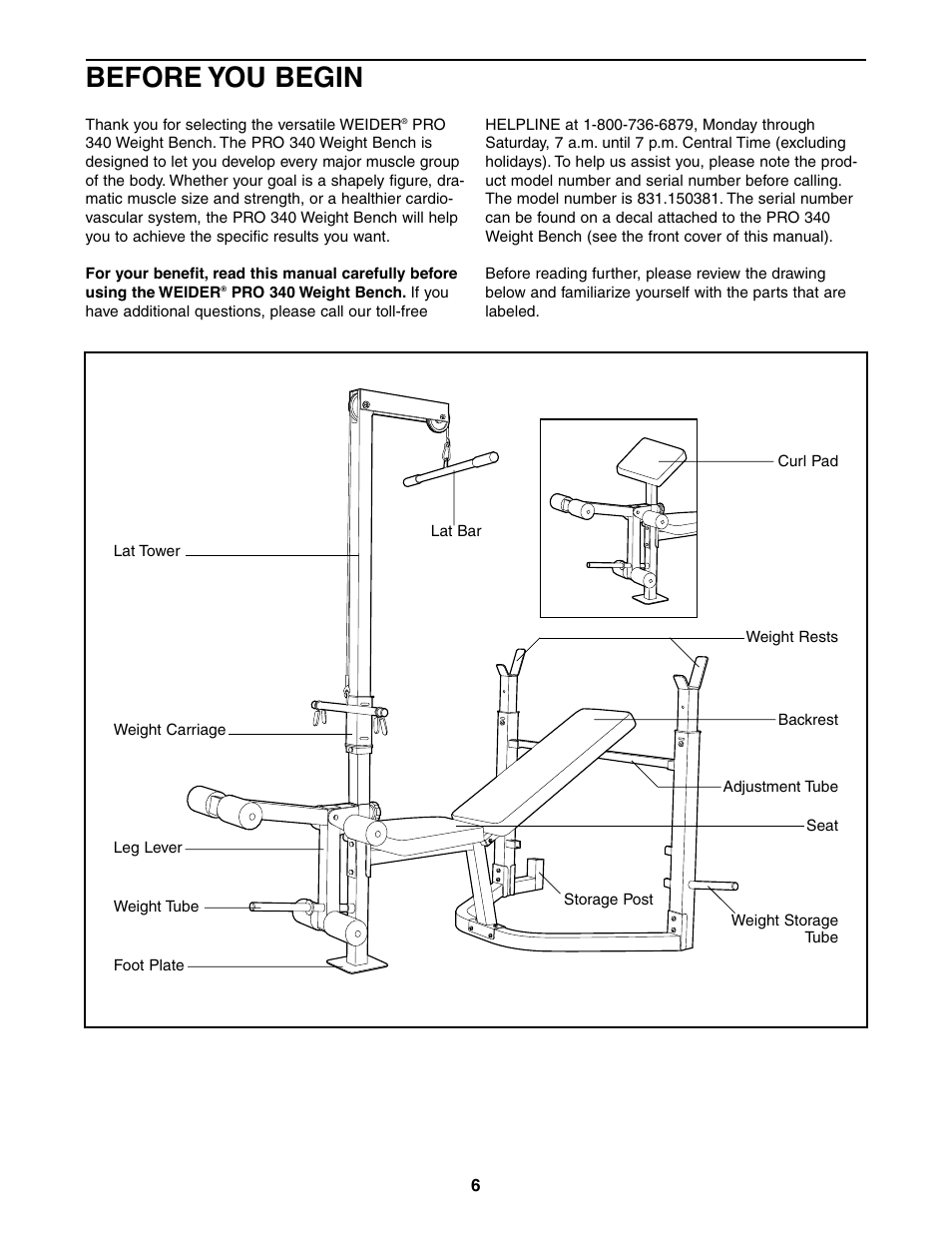 Before you begin | Weider 831.150381 User Manual | Page 6 / 24