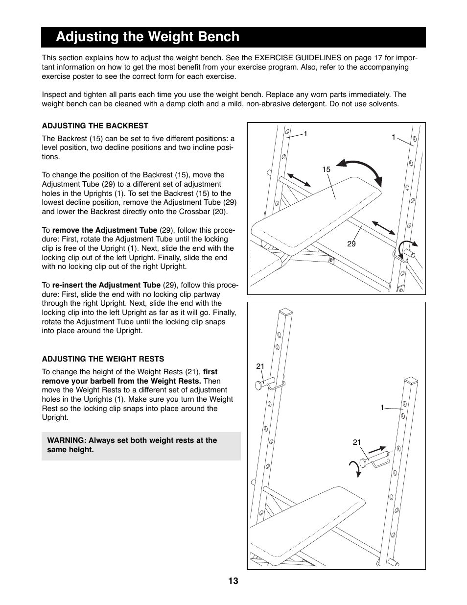 Adjusting the weight bench | Weider WEBE07790 User Manual | Page 13 / 22