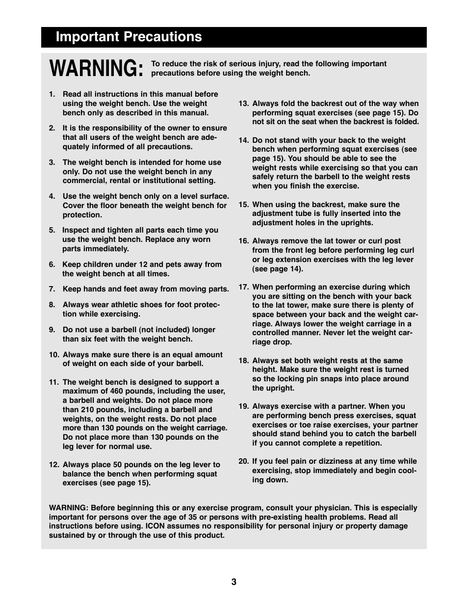 Warning, Important precautions | Weider WEBE07790 User Manual | Page 3 / 22