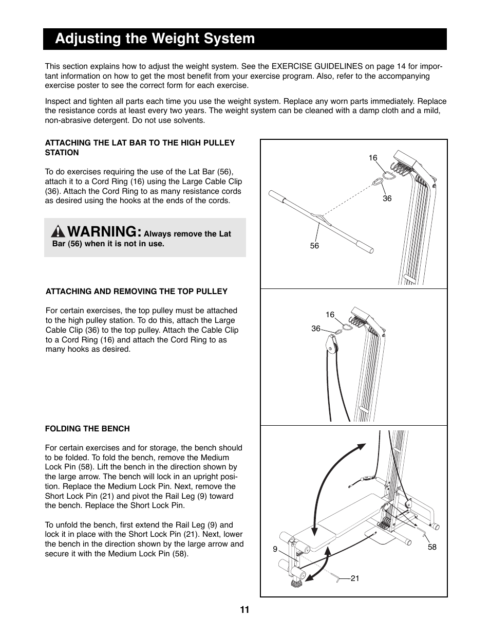 Warning, Adjusting the weight system | Weider WESY20000 User Manual | Page 11 / 18