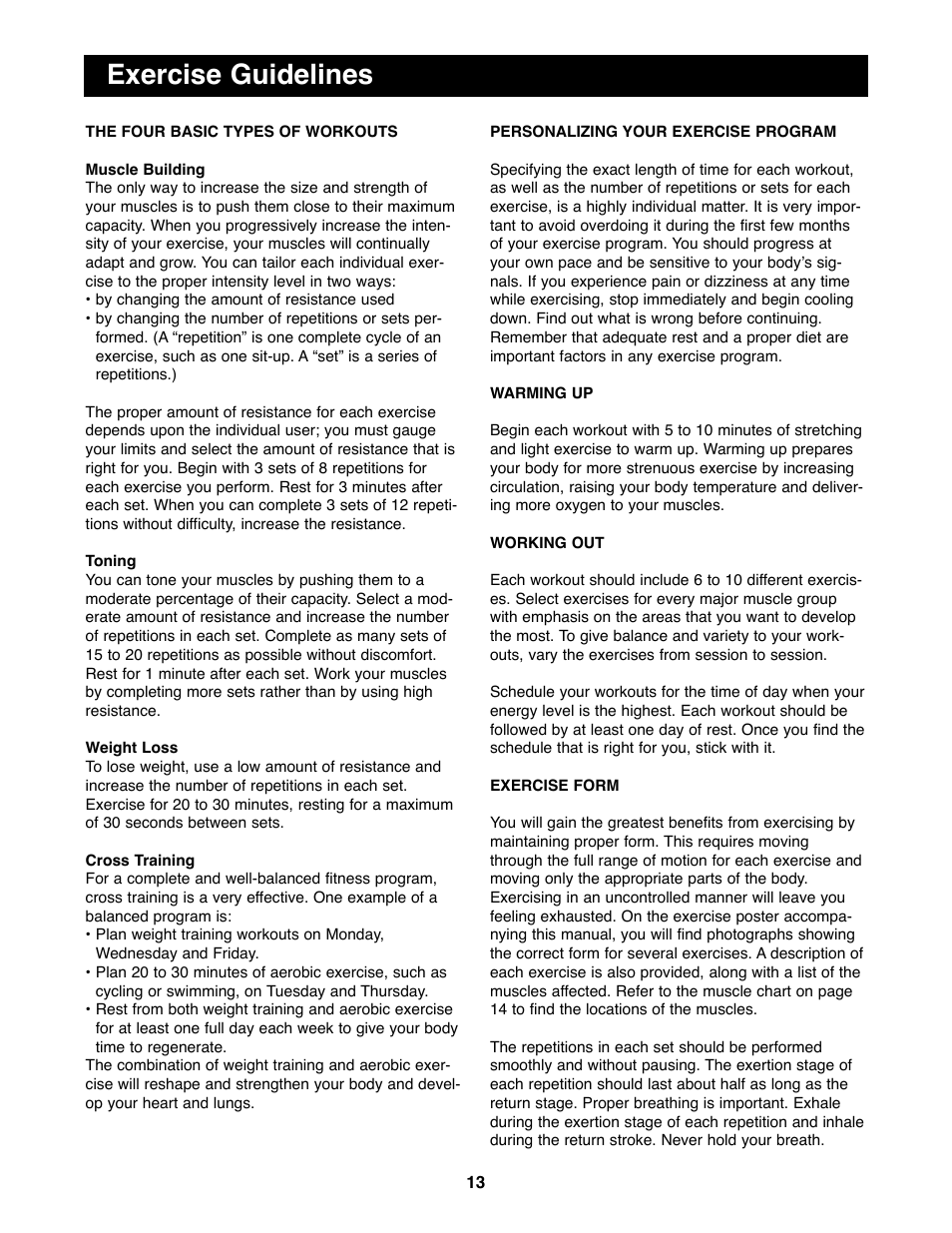 Exercise guidelines | Weider WESY20000 User Manual | Page 13 / 18