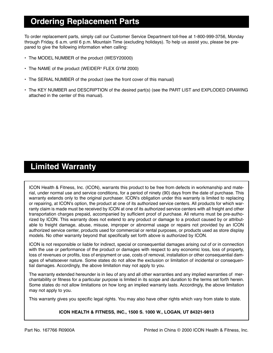 Ordering replacement parts, Limited warranty | Weider WESY20000 User Manual | Page 18 / 18