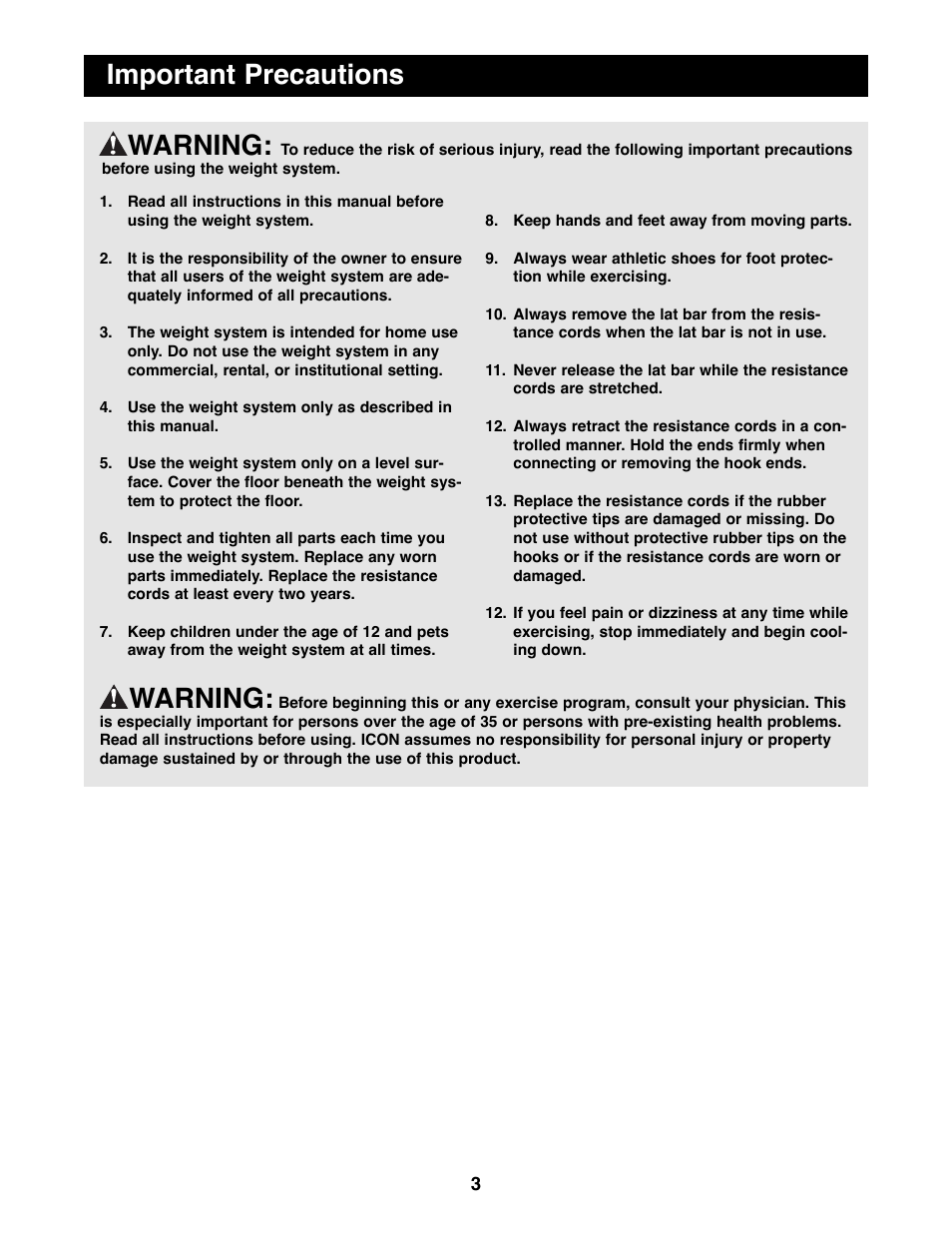 Warning, Important precautions warning | Weider WESY20000 User Manual | Page 3 / 18