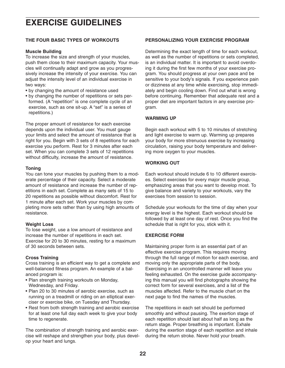 Exercise guidelines | Weider WESY19541 User Manual | Page 22 / 28