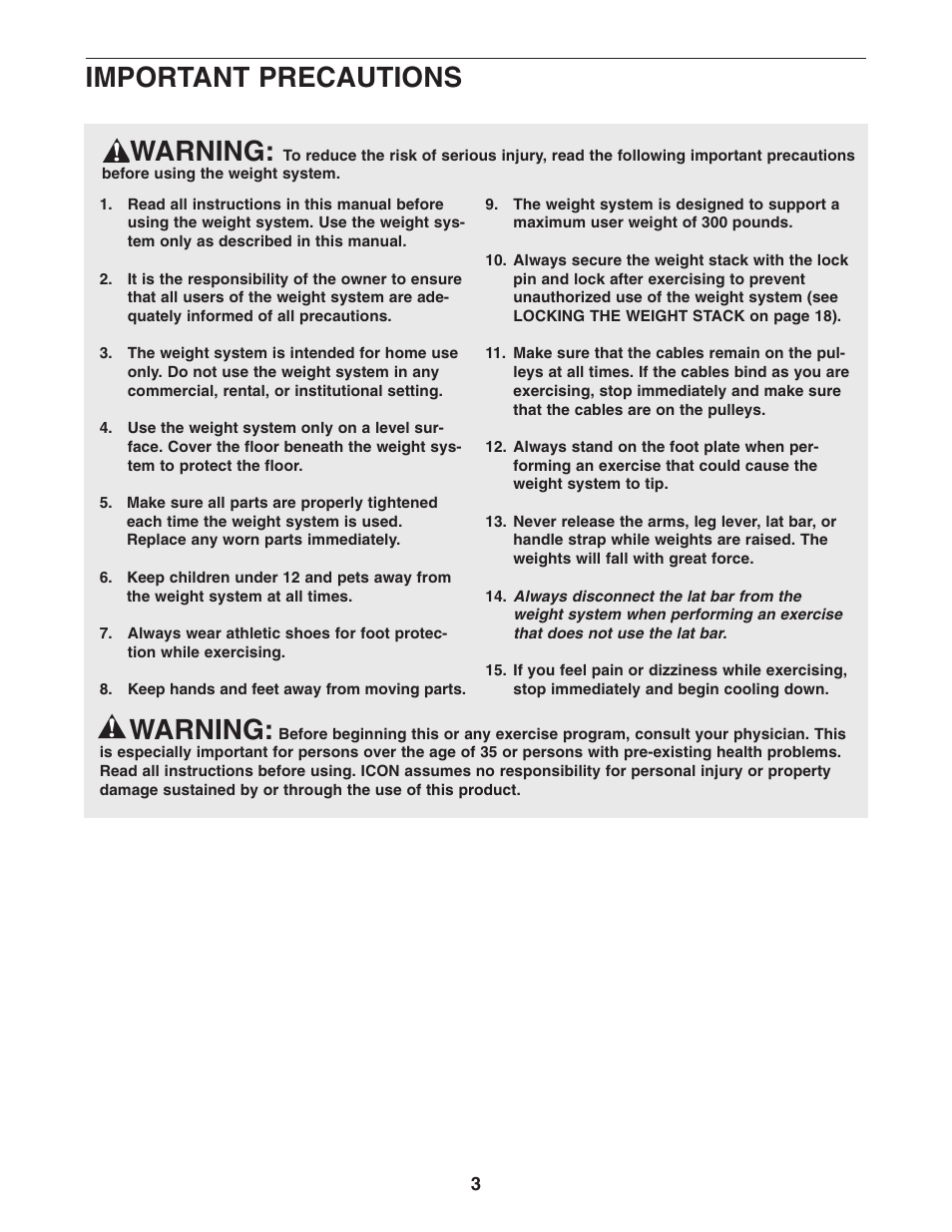 Warning, Important precautions | Weider WESY19541 User Manual | Page 3 / 28