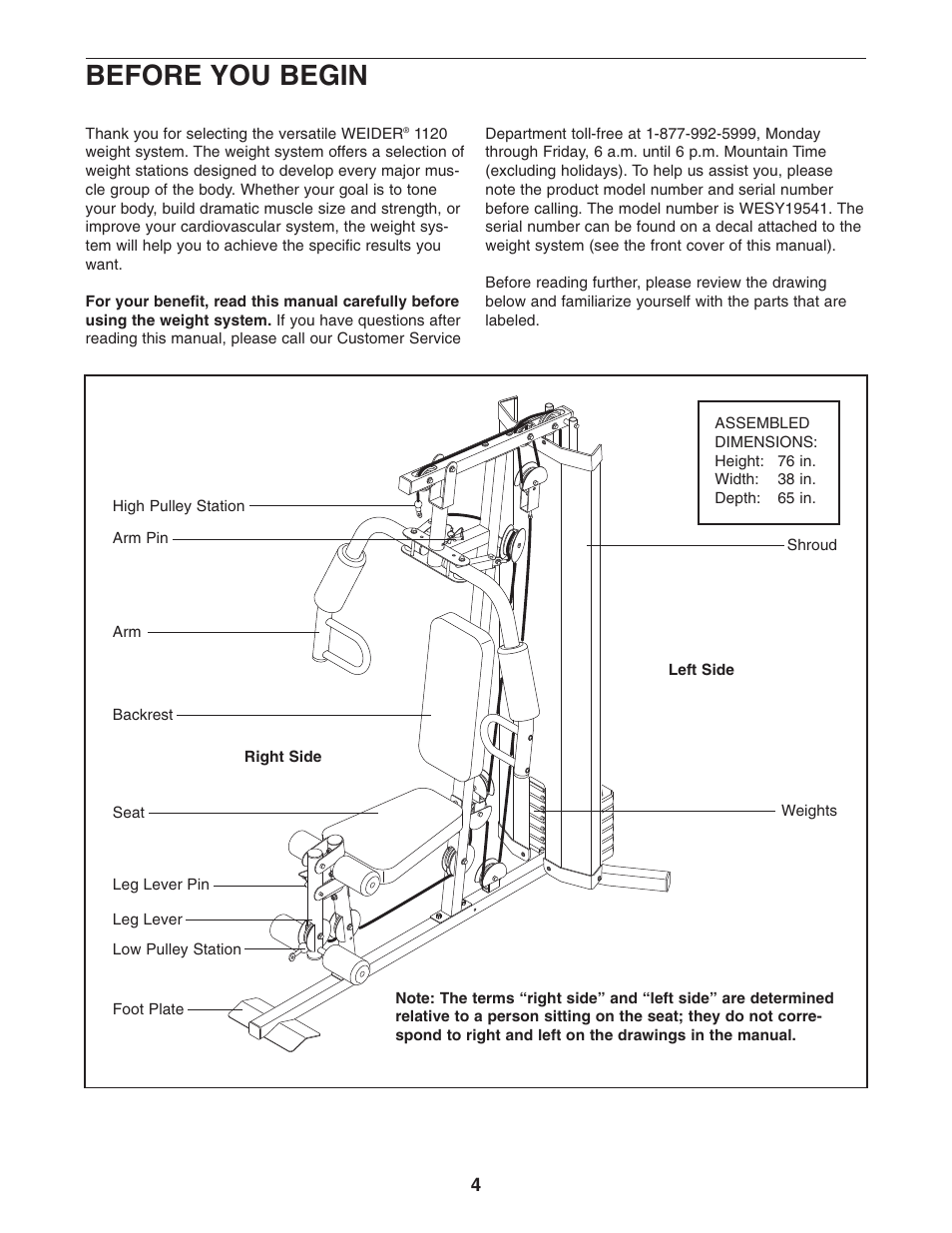 Before you begin | Weider WESY19541 User Manual | Page 4 / 28