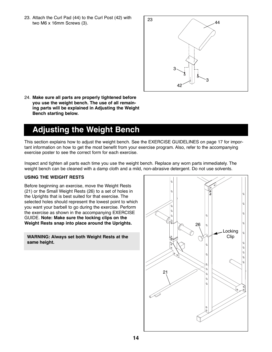 Adjusting the weight bench | Weider WEBE96490 User Manual | Page 14 / 23