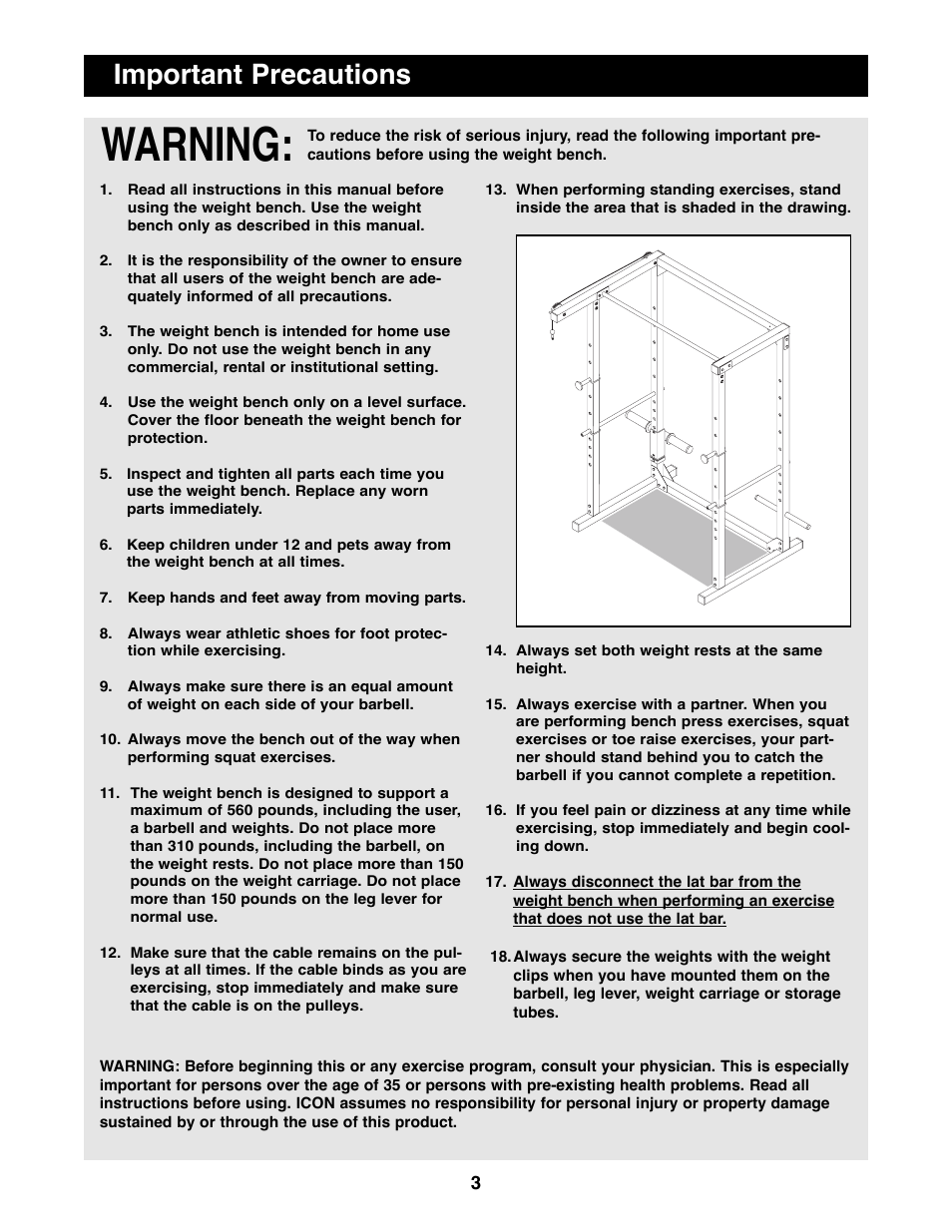 Warning, Important precautions | Weider WEBE96490 User Manual | Page 3 / 23