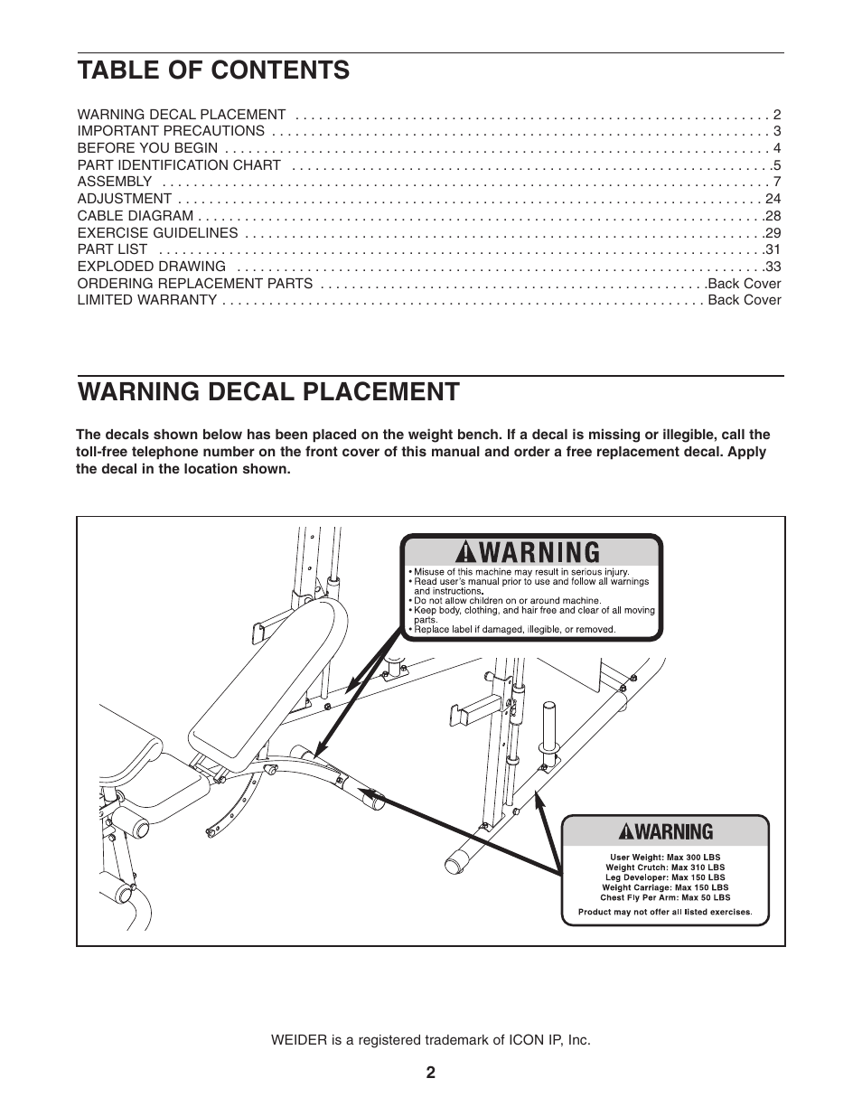 Weider WEBE4496.0 User Manual | Page 2 / 36